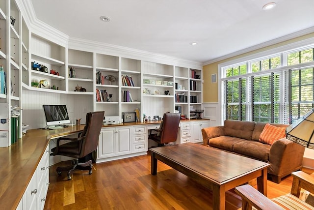 218 Pine St, Rehoboth, MA 02769 - office space featuring built in study area, ornamental molding, wood finished floors, a wainscoted wall, and a decorative wall