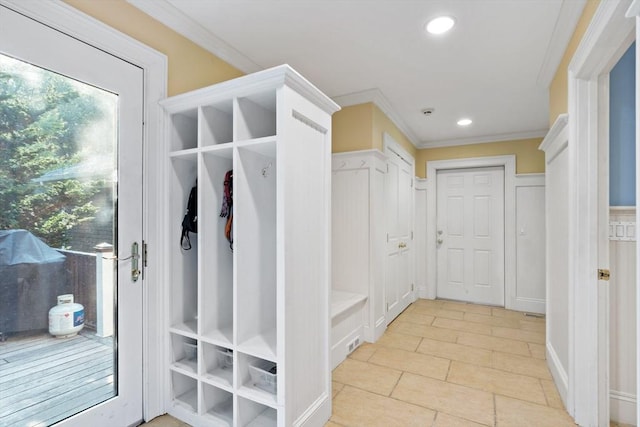 218 Pine St, Rehoboth, MA 02769 - mudroom featuring ornamental molding, recessed lighting, and light tile patterned floors