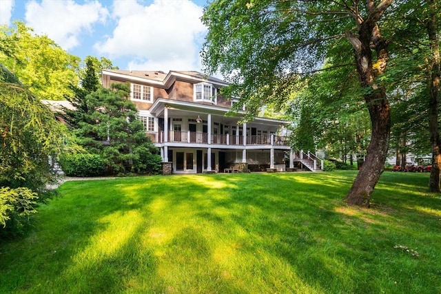 218 Pine St, Rehoboth, MA 02769 - rear view of house featuring a yard, french doors, and stairs