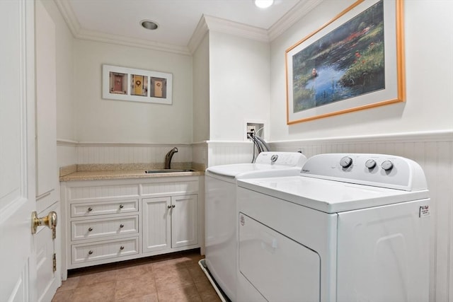 218 Pine St, Rehoboth, MA 02769 - washroom featuring washing machine and dryer, a wainscoted wall, ornamental molding, cabinet space, and tile patterned floors