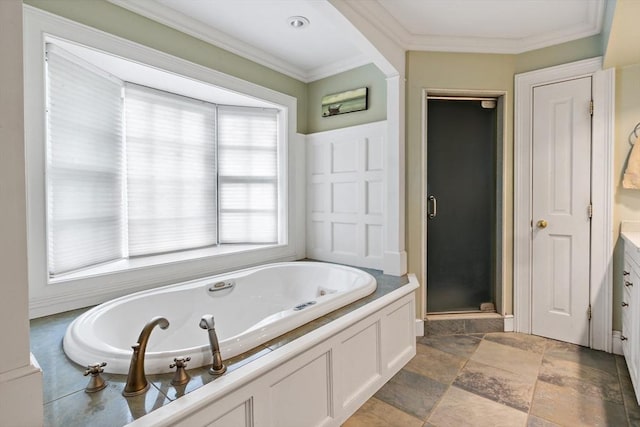 218 Pine St, Rehoboth, MA 02769 - full bath with a whirlpool tub, a shower stall, crown molding, and vanity
