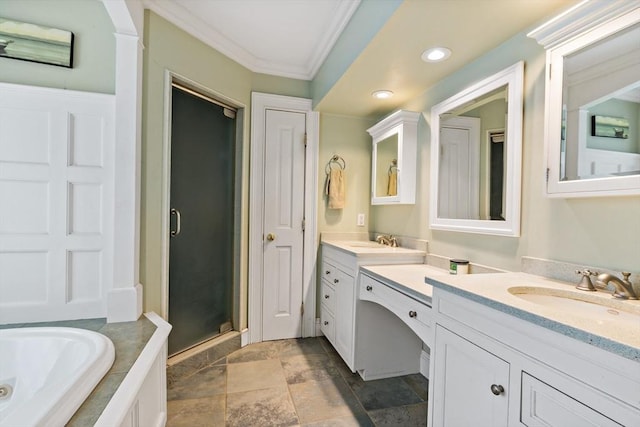 218 Pine St, Rehoboth, MA 02769 - bathroom featuring a stall shower, vanity, ornamental molding, a tub with jets, and recessed lighting