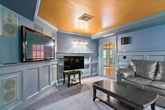 218 Pine St, Rehoboth, MA 02769 - living area with a decorative wall, ornamental molding, carpet flooring, and a wainscoted wall