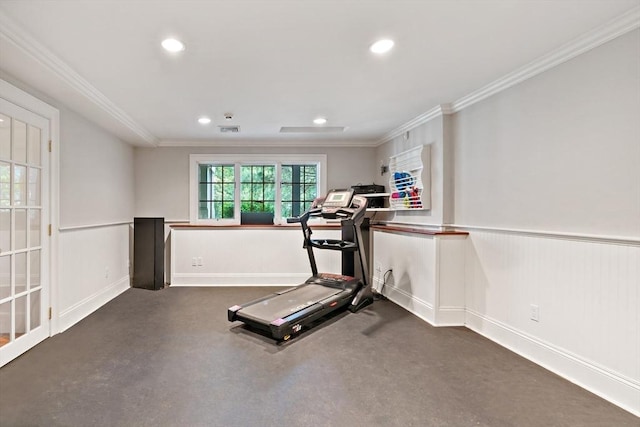 218 Pine St, Rehoboth, MA 02769 - workout room with a wainscoted wall, ornamental molding, and recessed lighting