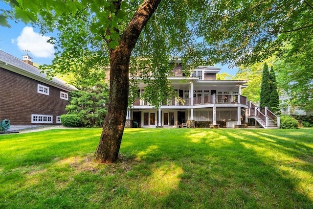 218 Pine St, Rehoboth, MA 02769 - rear view of property featuring a yard, stairs, and a wooden deck