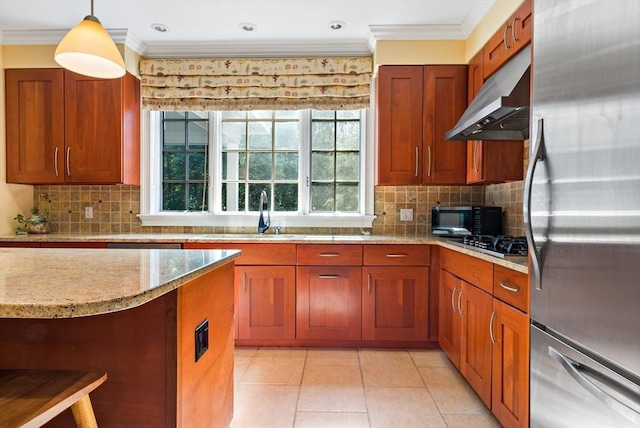 218 Pine St, Rehoboth, MA 02769 - kitchen featuring black appliances, under cabinet range hood, a sink, ornamental molding, and light stone countertops