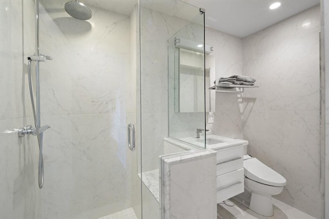 416 Commonwealth Ave Unit 317, Boston, MA 02215 - full bathroom with vanity, toilet, tile walls, recessed lighting, and a marble finish shower