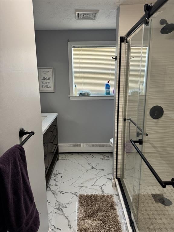 bathroom featuring visible vents, a shower stall, a textured ceiling, toilet, and marble finish floor