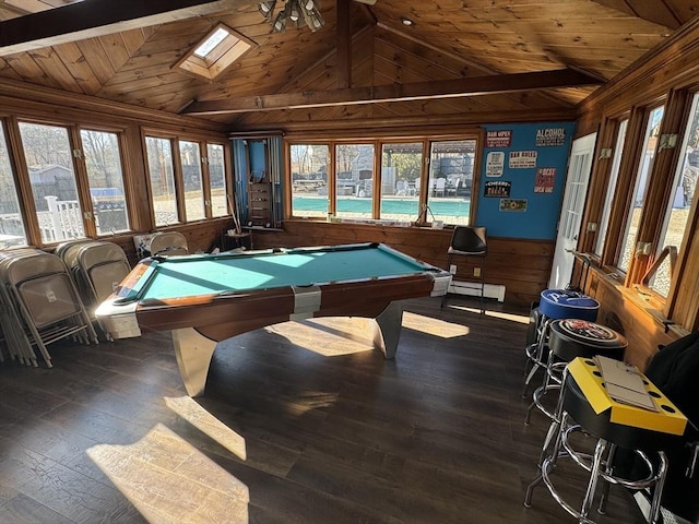 playroom with lofted ceiling with skylight, wood walls, wooden ceiling, and wood-type flooring