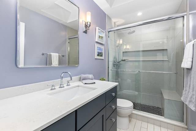 full bath with toilet, a stall shower, and vanity