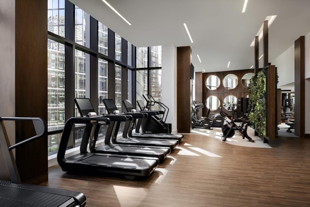 gym with wood finished floors and floor to ceiling windows