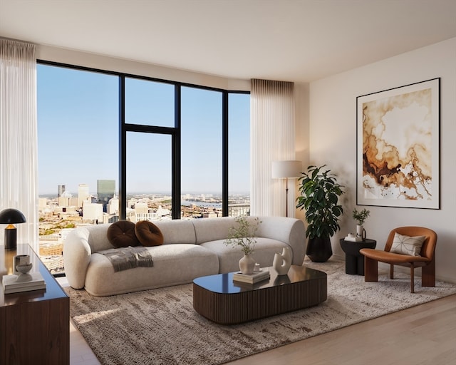 living room featuring expansive windows and light wood-type flooring