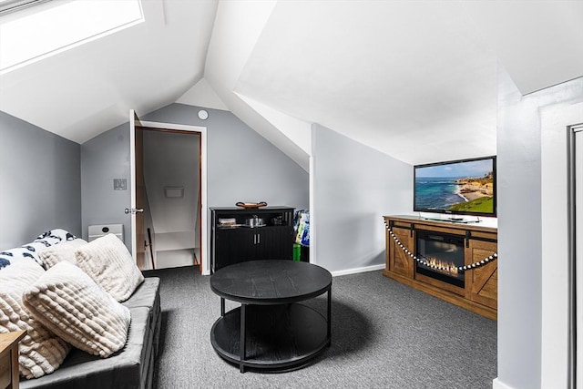 living area featuring carpet flooring and vaulted ceiling