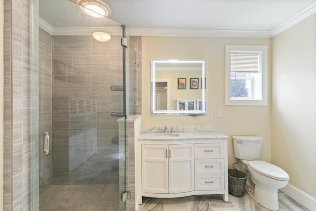 38 Rocky Hill Rd Unit B, Amesbury, MA 01913 - full bathroom with a stall shower, ornamental molding, toilet, vanity, and baseboards