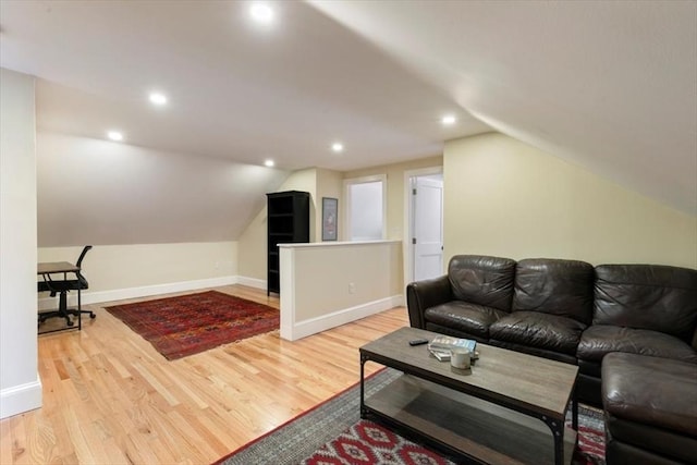 38 Rocky Hill Rd Unit B, Amesbury, MA 01913 - living area with vaulted ceiling, baseboards, wood finished floors, and recessed lighting