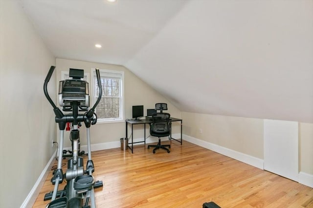 38 Rocky Hill Rd Unit B, Amesbury, MA 01913 - exercise room with vaulted ceiling, wood finished floors, baseboards, and recessed lighting