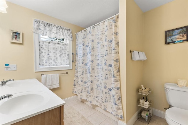37 Railroad Ave, Whitman, MA 02382 - full bath featuring toilet, tile patterned floors, baseboards, double vanity, and shower / bath combination with curtain