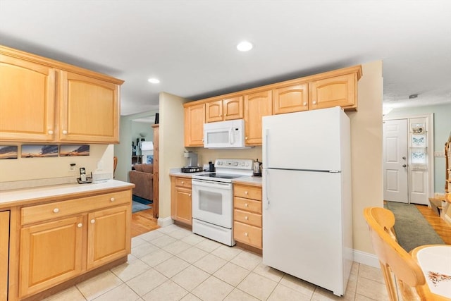 37 Railroad Ave, Whitman, MA 02382 - kitchen with white appliances, light brown cabinets, light countertops, recessed lighting, and light tile patterned flooring