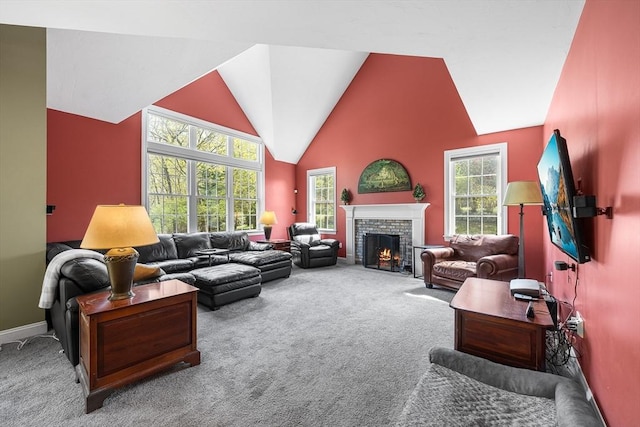 3 Emerson Way, Hopkinton, MA 01748 - carpeted living area featuring healthy amount of natural light, a fireplace, vaulted ceiling, and baseboards