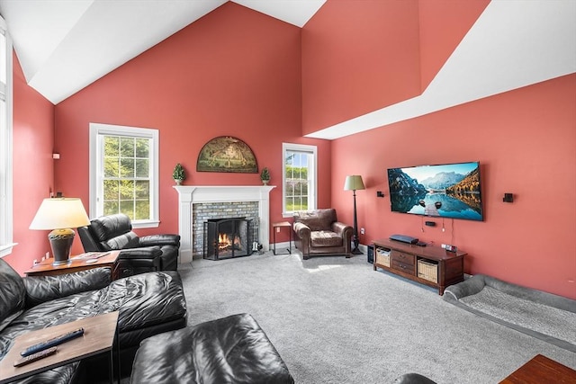 3 Emerson Way, Hopkinton, MA 01748 - living room featuring carpet flooring, a brick fireplace, healthy amount of natural light, and high vaulted ceiling