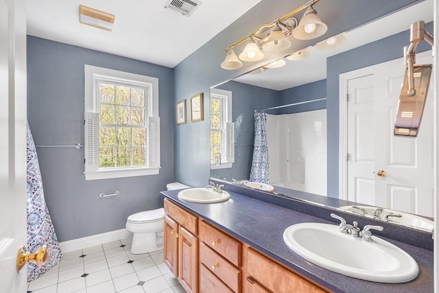 3 Emerson Way, Hopkinton, MA 01748 - bathroom with toilet, a shower with shower curtain, tile patterned floors, baseboards, and double vanity