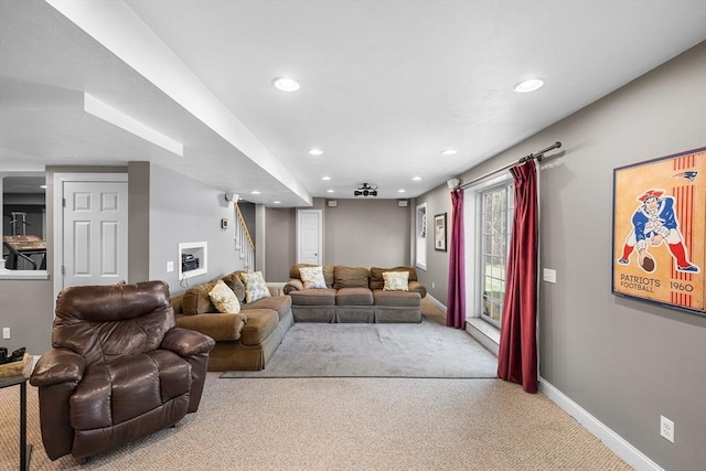3 Emerson Way, Hopkinton, MA 01748 - living area featuring light carpet, recessed lighting, stairway, and baseboards