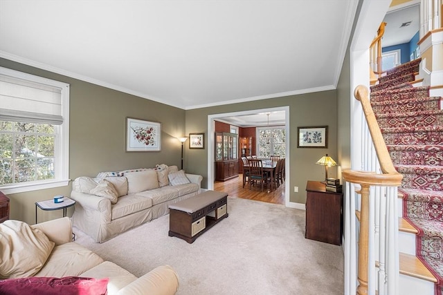 3 Emerson Way, Hopkinton, MA 01748 - living area with ornamental molding, carpet flooring, baseboards, and stairs