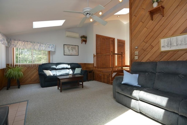 13 N Grove St, Foxboro, MA 02035 - carpeted living room featuring a skylight, wooden walls, an AC wall unit, lofted ceiling, and a ceiling fan