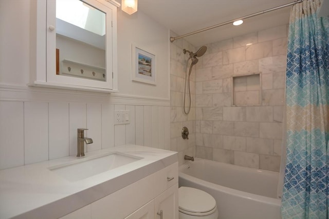 13 N Grove St, Foxboro, MA 02035 - bathroom with shower / bath combination with curtain, vanity, a wainscoted wall, and recessed lighting