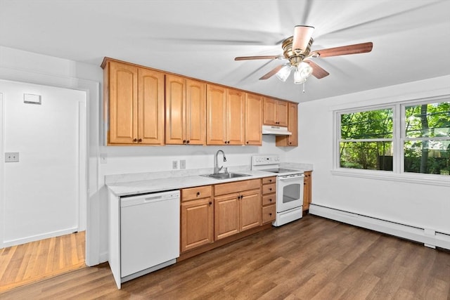 kitchen featuring dark wood-style flooring, light countertops, a sink, white appliances, and under cabinet range hood