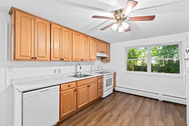 kitchen featuring baseboard heating, dark wood-type flooring, a sink, white appliances, and under cabinet range hood