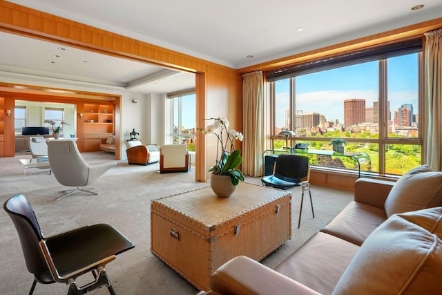 2 Commonwealth Ave Unit 15Bc, Boston, MA 02116 - living room featuring light colored carpet, a view of skyline, plenty of natural light, and a raised ceiling