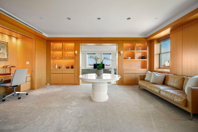 2 Commonwealth Ave Unit 15Bc, Boston, MA 02116 - living area featuring light colored carpet, built in shelves, and an office area