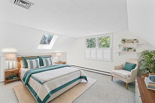 6 Kendall Vlg Unit 6, Cohasset, MA 02025 - bedroom with a skylight, baseboard heating, light carpet, and vaulted ceiling