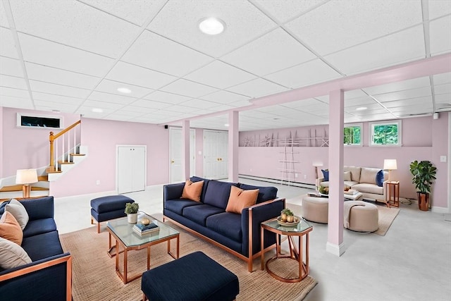 6 Kendall Vlg Unit 6, Cohasset, MA 02025 - carpeted living room featuring a paneled ceiling, a baseboard radiator, stairs, and recessed lighting