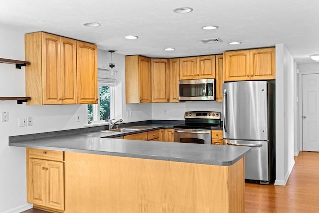 6 Kendall Vlg Unit 6, Cohasset, MA 02025 - kitchen featuring appliances with stainless steel finishes, a peninsula, open shelves, light wood finished floors, and dark countertops