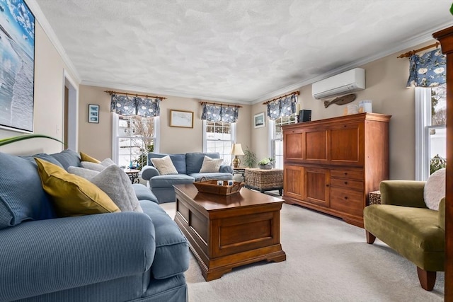 living room with an AC wall unit, light colored carpet, and crown molding