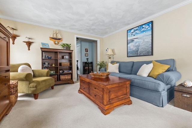 living area with ornamental molding and light colored carpet