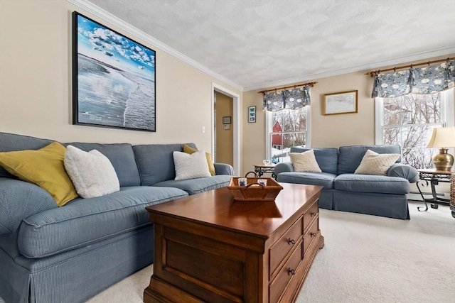 living area with light carpet, ornamental molding, and baseboard heating