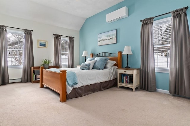 carpeted bedroom with lofted ceiling, multiple windows, baseboard heating, and a wall mounted AC