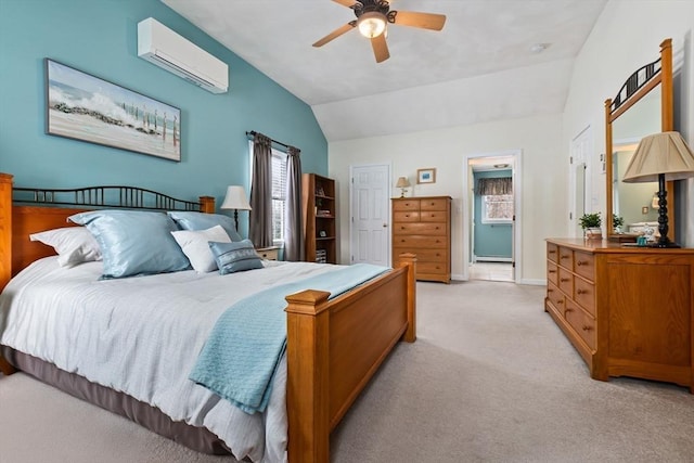 bedroom with light carpet, a ceiling fan, baseboards, vaulted ceiling, and a wall mounted air conditioner