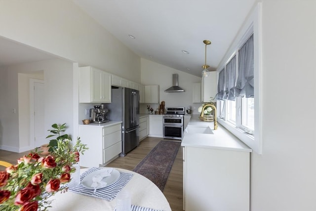 99 Dartmouth St, Westfield, MA 01085 - kitchen with appliances with stainless steel finishes, a sink, wall chimney range hood, light countertops, and light wood-type flooring