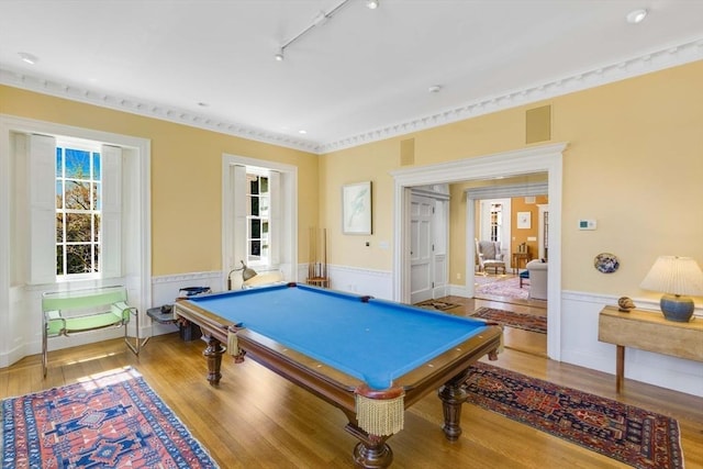 26 Winter St, Salem, MA 01970 - playroom featuring a wainscoted wall, light wood-style floors, billiards, rail lighting, and recessed lighting