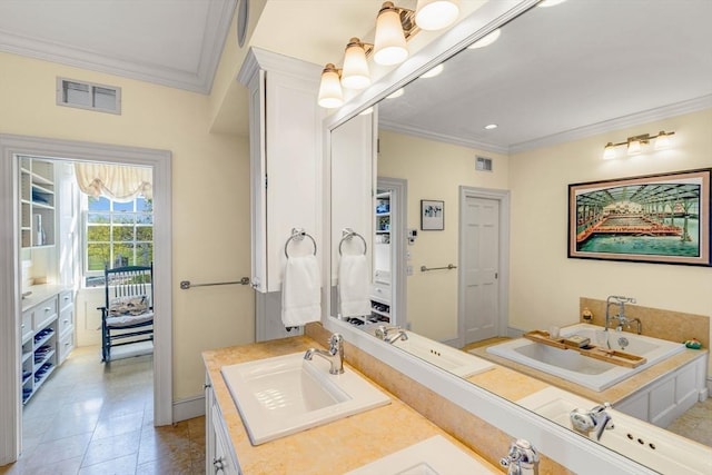 26 Winter St, Salem, MA 01970 - full bath featuring ornamental molding, double vanity, recessed lighting, and baseboards