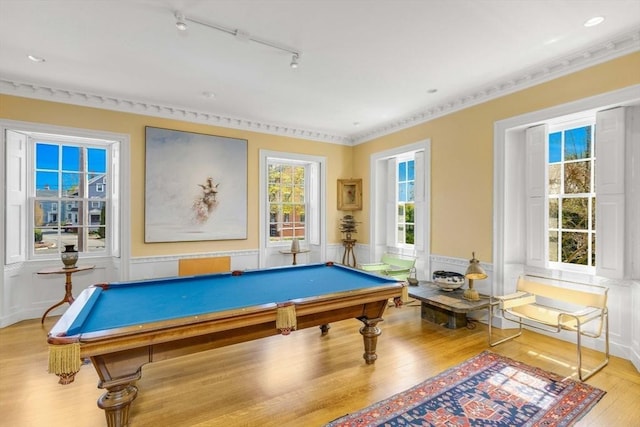 26 Winter St, Salem, MA 01970 - recreation room featuring light wood-style floors, pool table, wainscoting, rail lighting, and ornamental molding