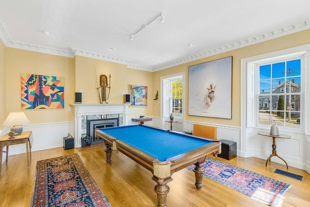26 Winter St, Salem, MA 01970 - recreation room featuring light wood-style flooring, billiards table, a wainscoted wall, a high end fireplace, and rail lighting