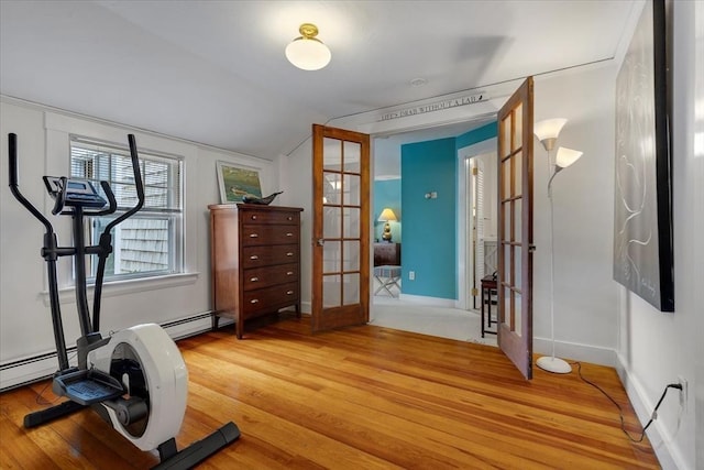 117 Parker Rd, Barnstable, MA 02655 - workout room with french doors, lofted ceiling, light wood finished floors, a baseboard heating unit, and baseboards