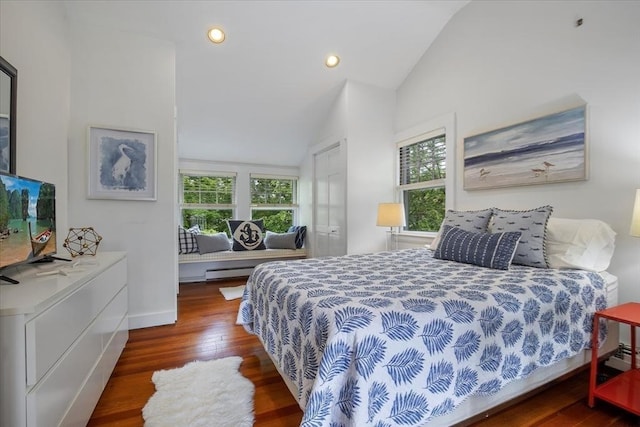 117 Parker Rd, Barnstable, MA 02655 - bedroom featuring vaulted ceiling, wood finished floors, recessed lighting, and baseboards