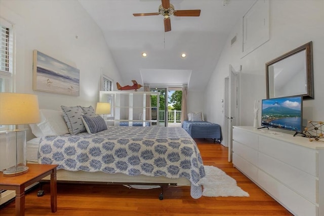 117 Parker Rd, Barnstable, MA 02655 - bedroom featuring wood finished floors, access to exterior, vaulted ceiling, recessed lighting, and a ceiling fan