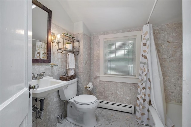 117 Parker Rd, Barnstable, MA 02655 - bathroom with baseboard heating, tile walls, toilet, shower / bathtub combination with curtain, and tile patterned flooring
